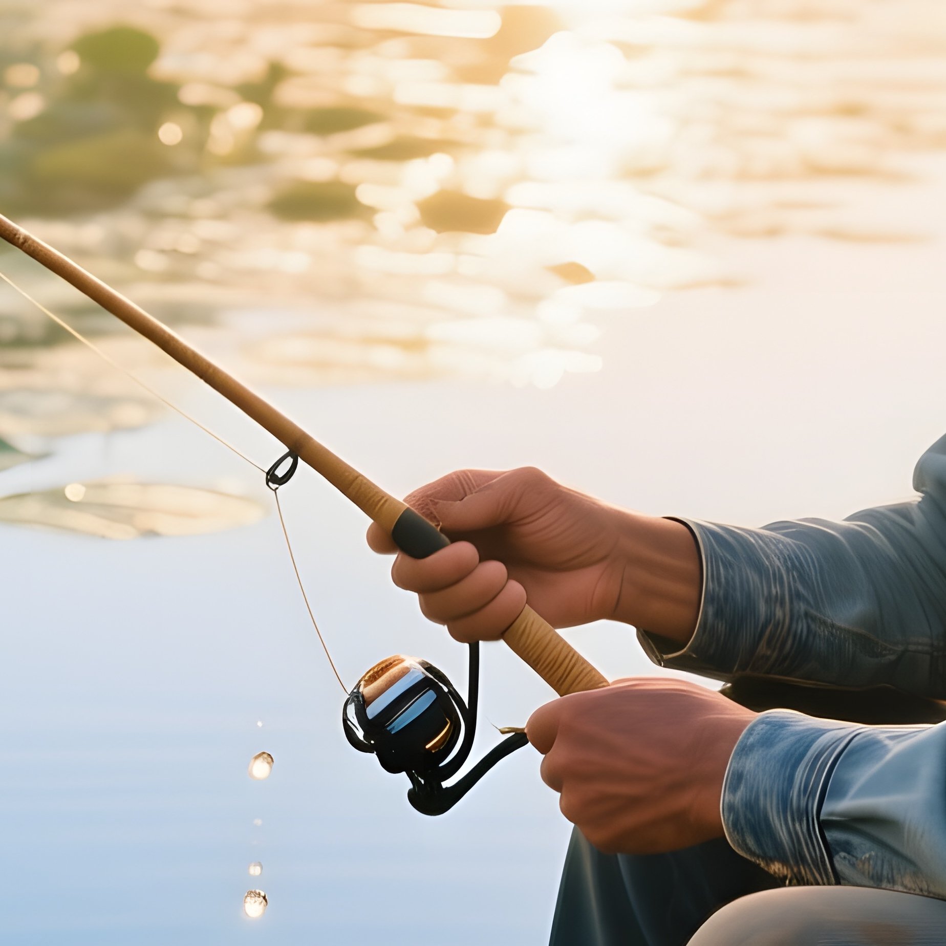 A Quiet Dawn By A Tranquil Pond With Lily Pads Mist Hovering A Cowboy Fishes With A Simple Line - Full Resolution Quality Preview