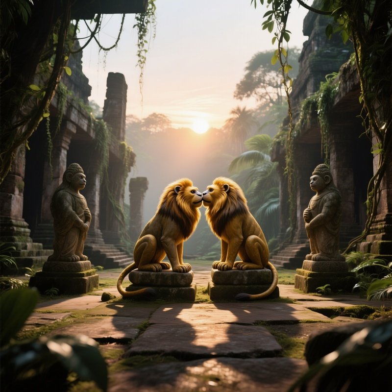 A Quiet Dawn In An Ancient Jungle Temple Courtyard, Two Golden Lion Tamarins Sit Atop Stone Statues