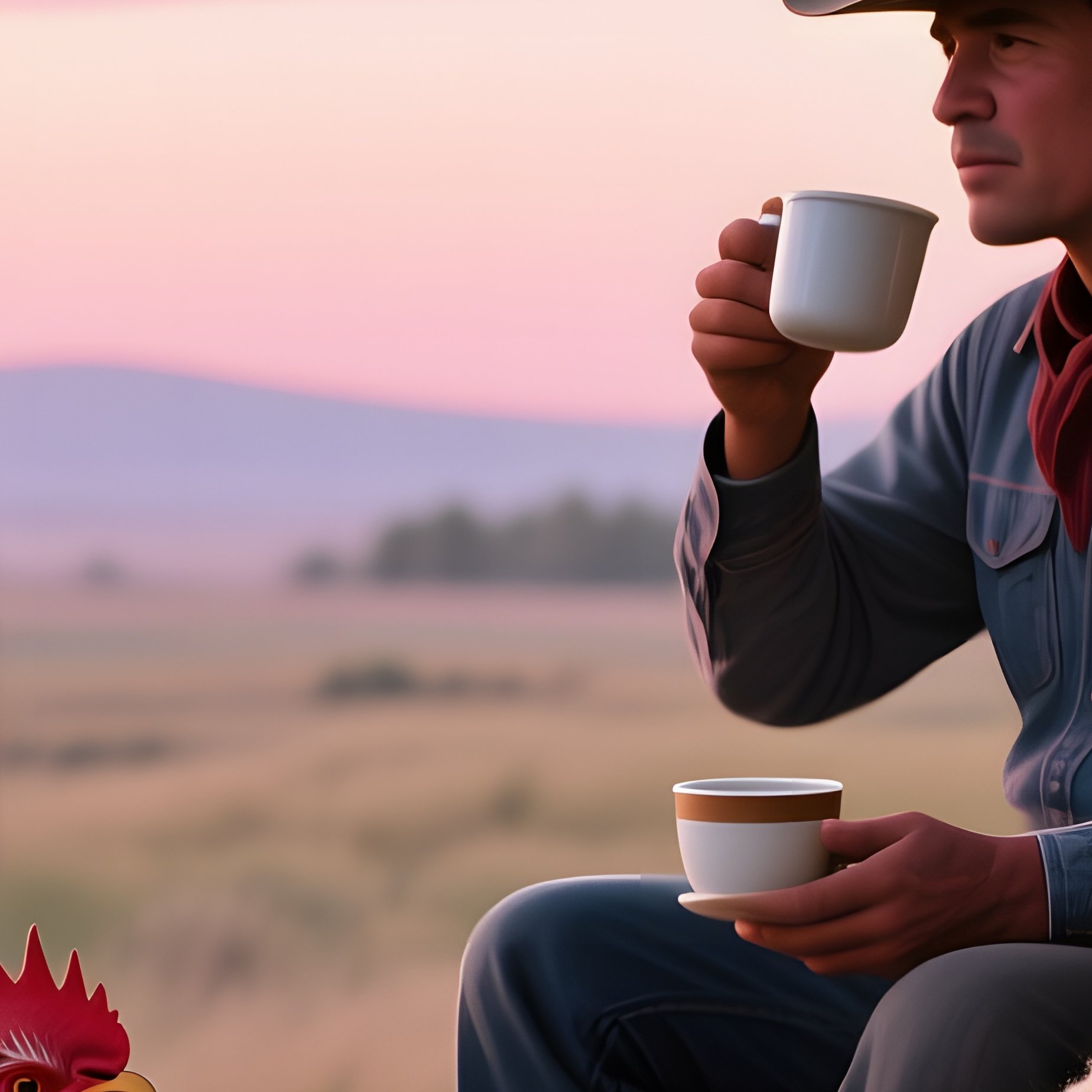 A Quiet Dawn On A Prairie Homestead Porch, Rooster Crowing, A Cowboy Sips Coffee While An - Full Resolution Quality Preview