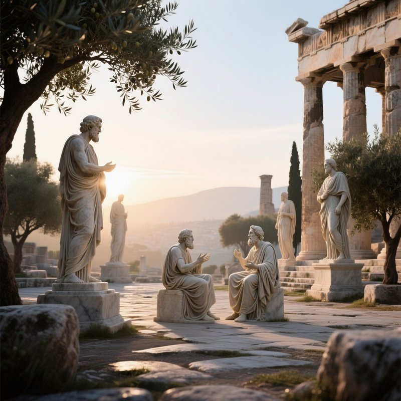 A Quiet Dawn On An Ancient Greek Agora, Marble Statues Illuminated By The First Rays, Philosophers