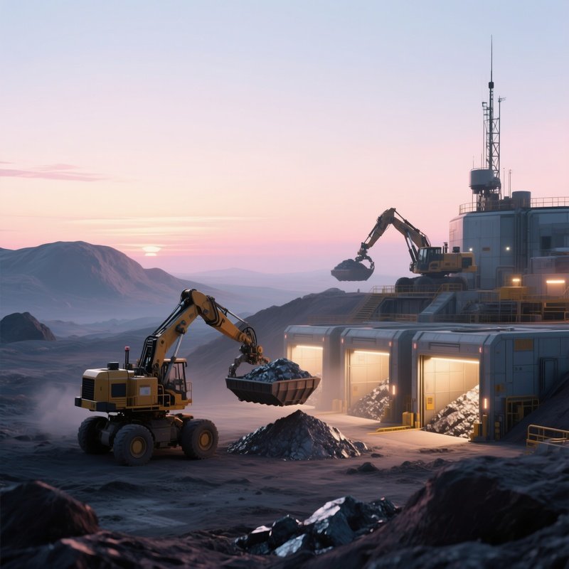 A Quiet Dawn On An Asteroid Mining Outpost, Soft Pastel Colors Spilling Across The Horizon, While