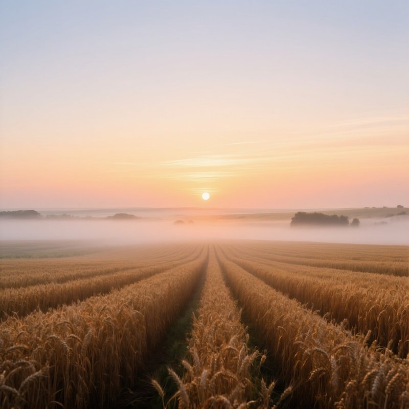 A Quiet Dawn Over A Wheat Field In Nebraska, Fog Lifting To Reveal Endless Golden Rows, Sunrise