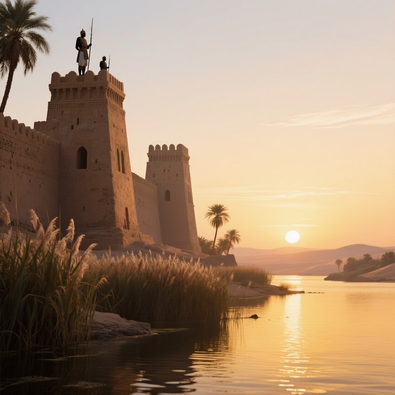 A Quiet Dawn Over An Ancient Nubian Fortress Beside The Nile, Reeds Swaying, Guards On Watch