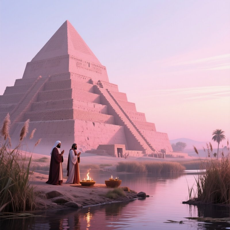 A Quiet Dawn Over An Ancient Sumerian Ziggurat, Mudbrick Terraces Bathed In Soft Pink Light,