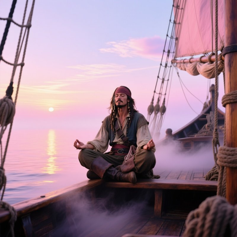 A Quiet Dawn Scene Of A Lone Pirate Meditating On The Bow Mist Surrounding The Ship With Calm Seas
