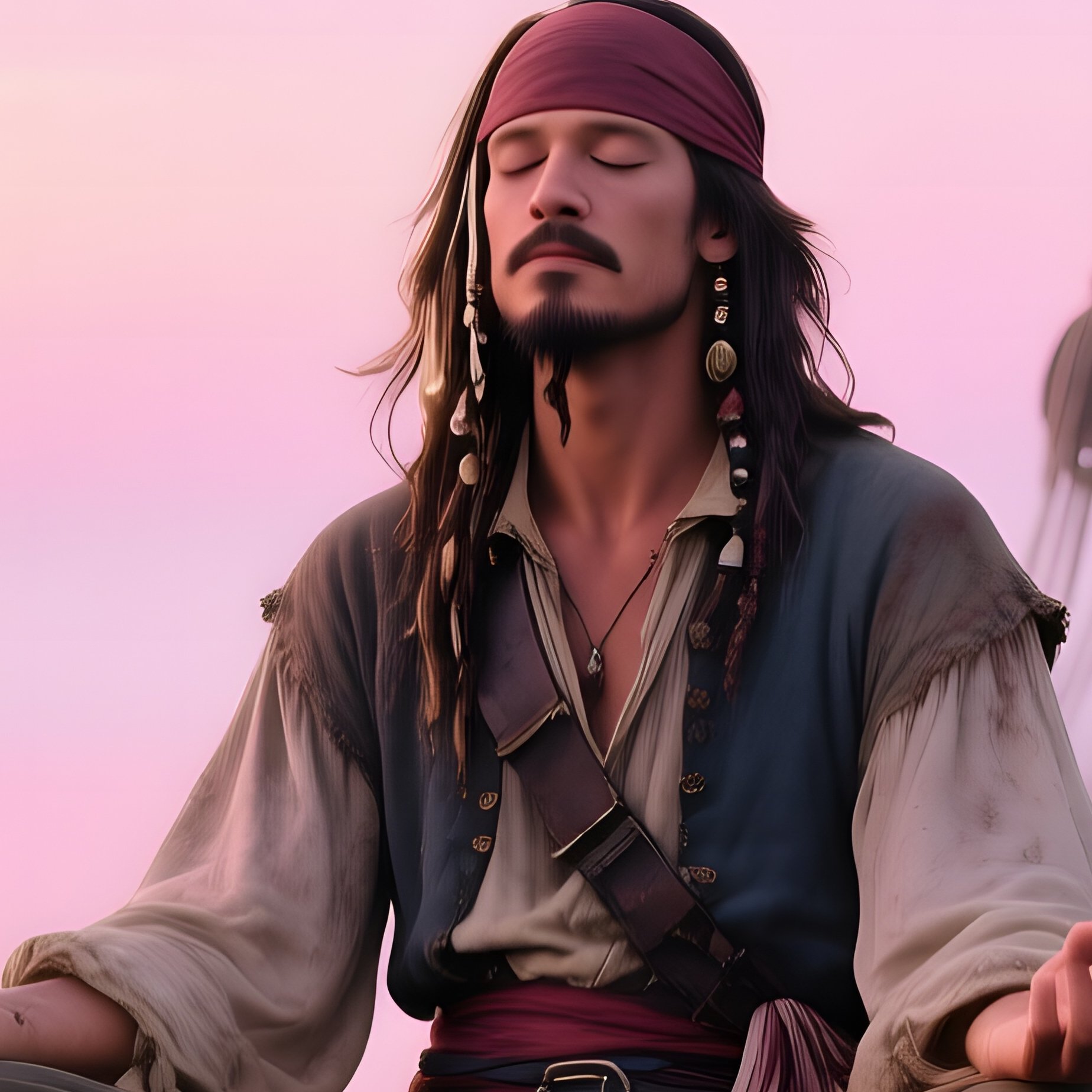 A Quiet Dawn Scene Of A Lone Pirate Meditating On The Bow Mist Surrounding The Ship With Calm Seas - Full Resolution Quality Preview