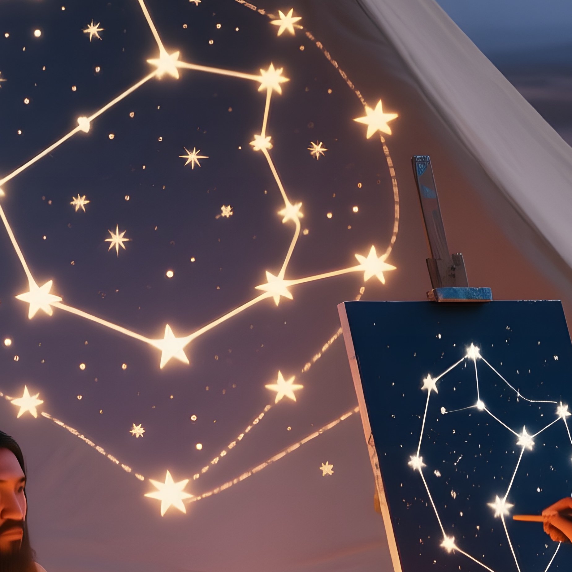 A Quiet Desert Camp At Twilight, Nomads Gathered Around Fire While An Artist Paints A Sprawling - Full Resolution Quality Preview