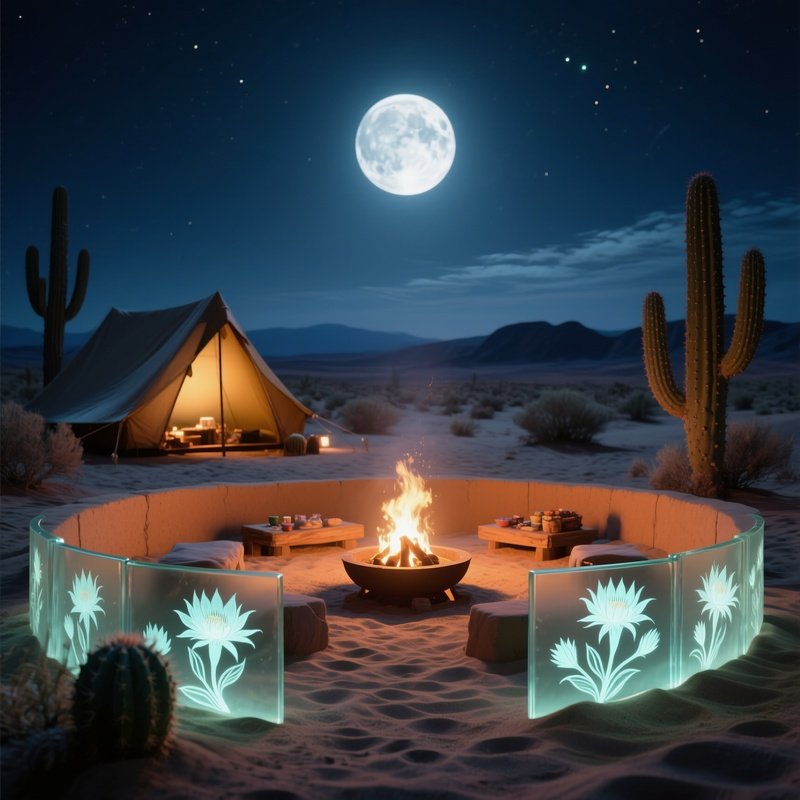 A Quiet Desert Campground Under A Full Moon, A Communal Fire Pit Surrounded By Low Walls Of