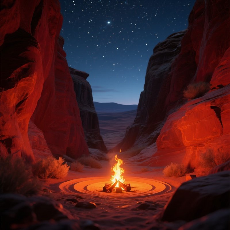 A Quiet Desert Canyon Illuminated By A Single Campfire, Orange Flames Casting Warm Circles Of Light
