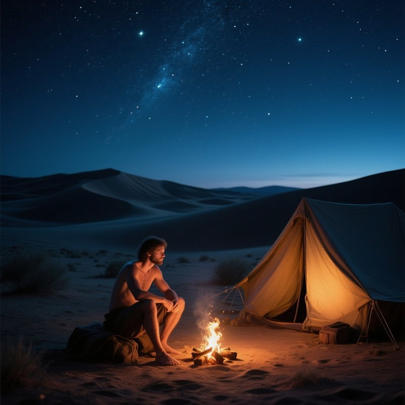 A Quiet Desert Caravan Camp At Night, A Naked Traveler Sitting By A Small Fire, Stars Blazing