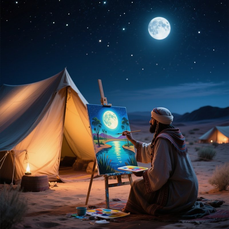 A Quiet Desert Caravan Camp At Night, Stars Overhead As Nomads Watch An Artist Paint A Luminous