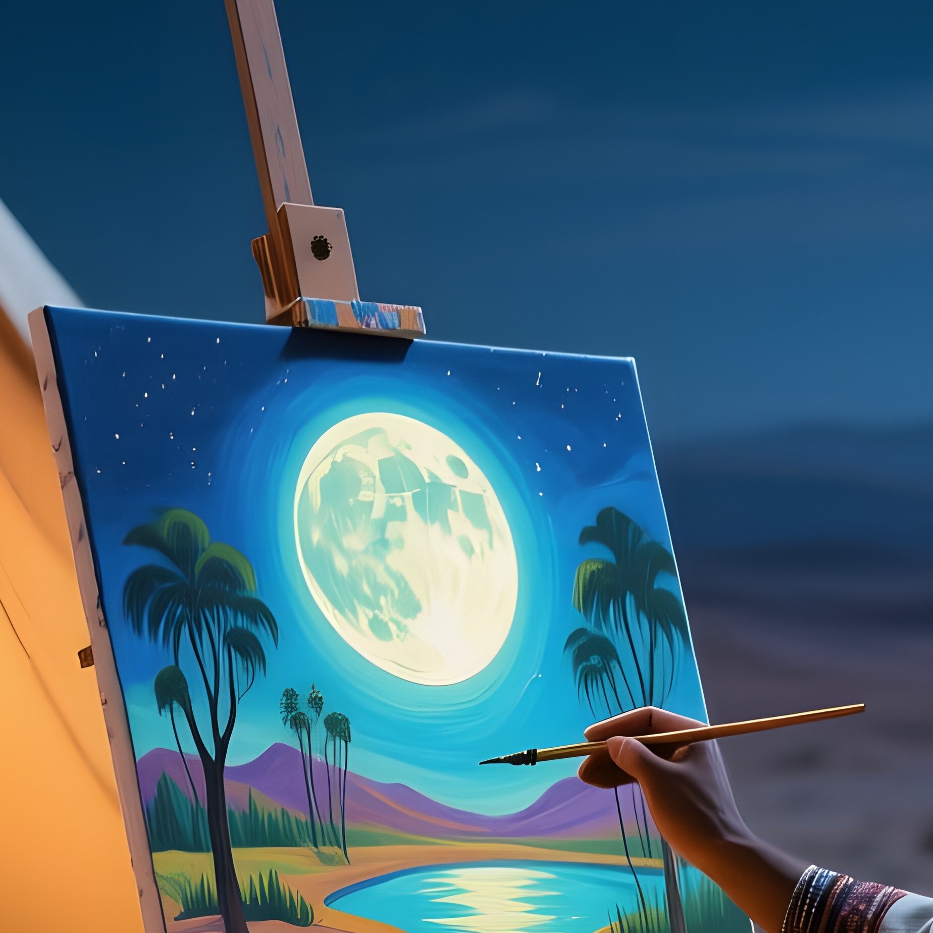 A Quiet Desert Caravan Camp At Night, Stars Overhead As Nomads Watch An Artist Paint A Luminous - Full Resolution Quality Preview