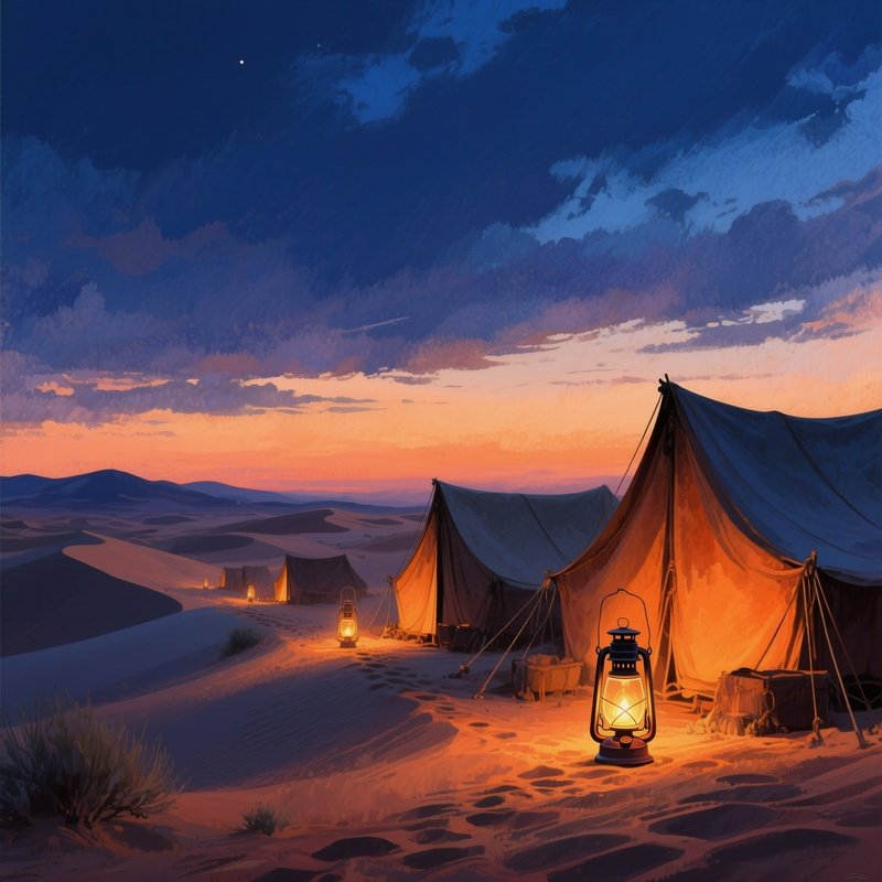 A Quiet Desert Caravan Crossing Dunes At Twilight, Lanterns Glowing, Watercolor Deep Oranges Fading
