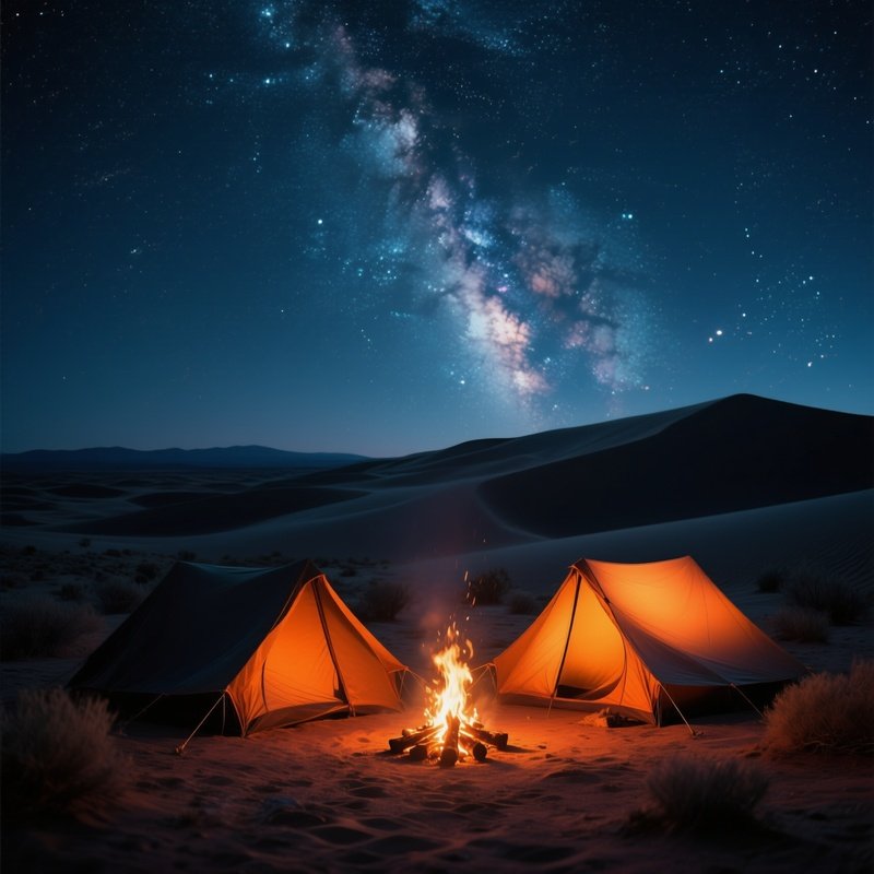 A Quiet Desert Night Camp Scene In Arizona, Star‑Filled Sky With Milky Way Visible, Crackling Fire