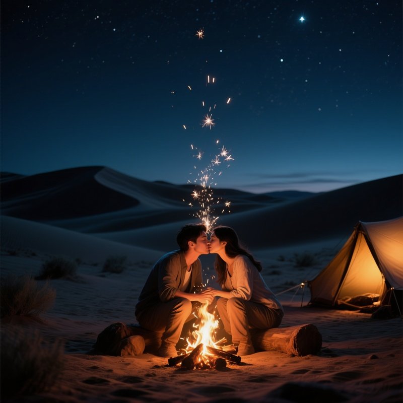 A Quiet Desert Night Campfire, Dunes Silhouetted Against Stars, A Couple Shares Stories And A