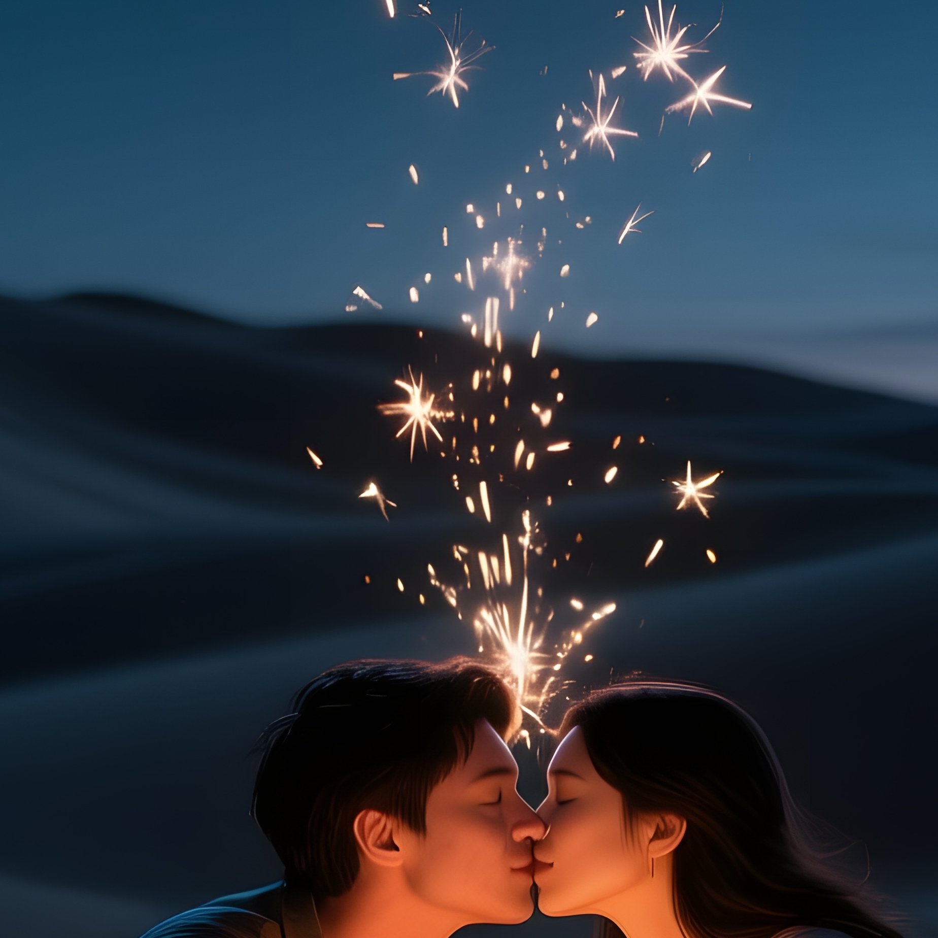 A Quiet Desert Night Campfire, Dunes Silhouetted Against Stars, A Couple Shares Stories And A - Full Resolution Quality Preview