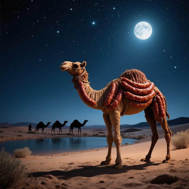 A Quiet Desert Oasis At Night Under A Starry Sky, Where A Life Size Camel Caravan Is Sculpted From