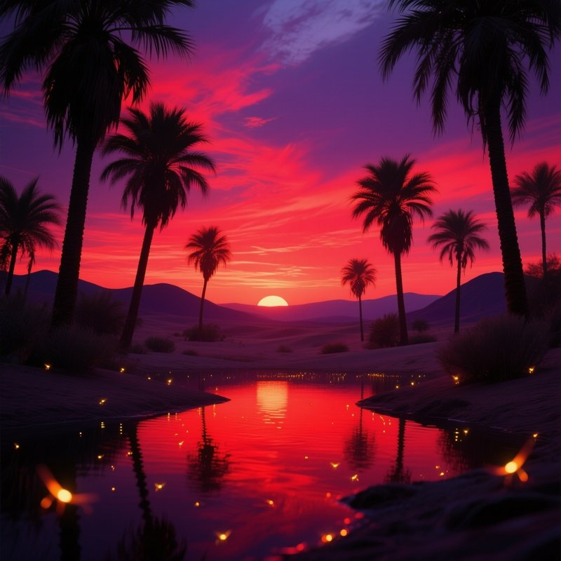 A Quiet Desert Oasis At Sunset, Palm Trees Silhouetted Against A Sky Ablaze With Reds And Purples,
