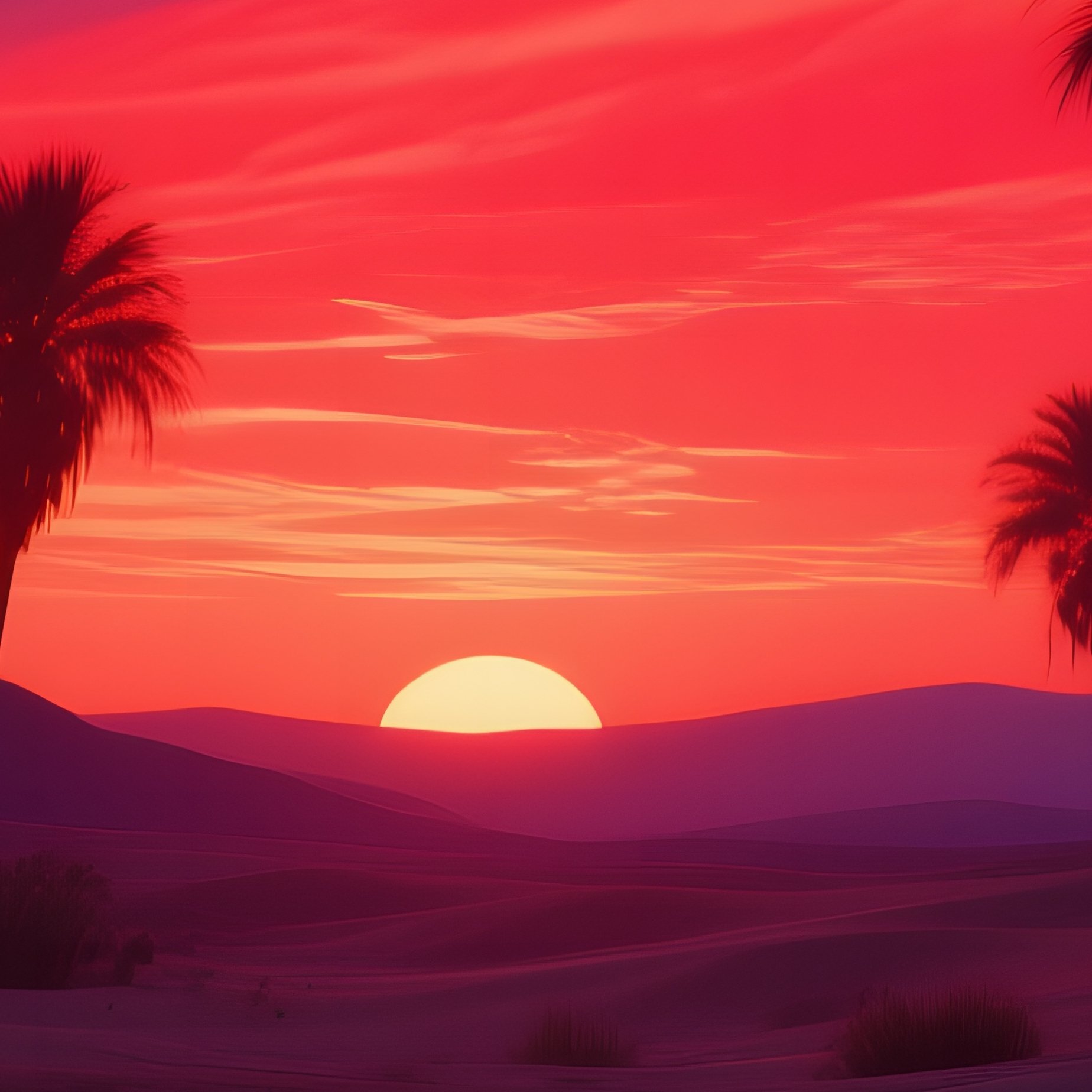 A Quiet Desert Oasis At Sunset, Palm Trees Silhouetted Against A Sky Ablaze With Reds And Purples, - Full Resolution Quality Preview