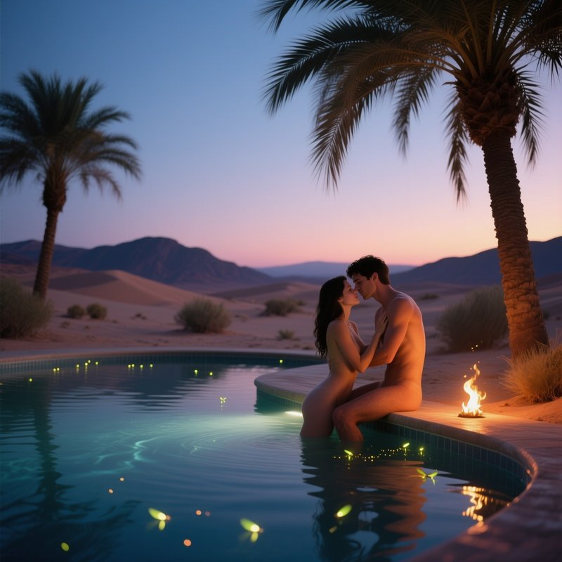A Quiet Desert Oasis At Twilight, A Nude Couple Sharing An Intimate Moment Beside A Palm‑Shaded