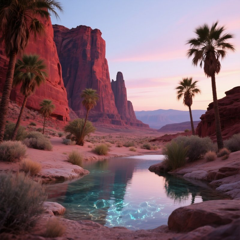A Quiet Desert Oasis In Utah With Crystal Clear Spring Water, Palm Trees Swaying, Red Rock Cliffs