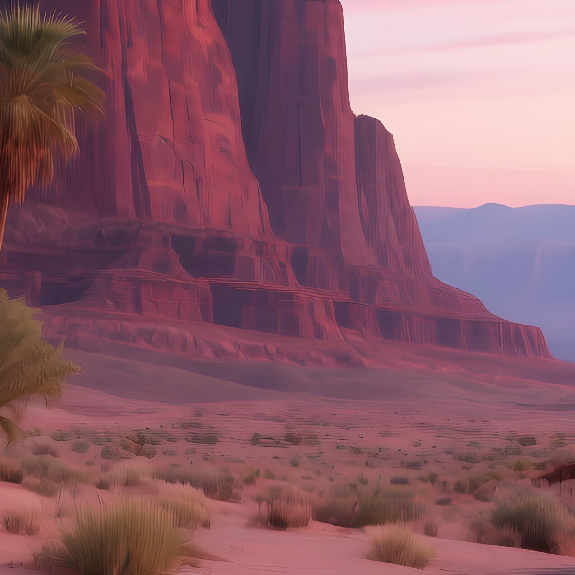 A Quiet Desert Oasis In Utah With Crystal Clear Spring Water, Palm Trees Swaying, Red Rock Cliffs - Full Resolution Quality Preview