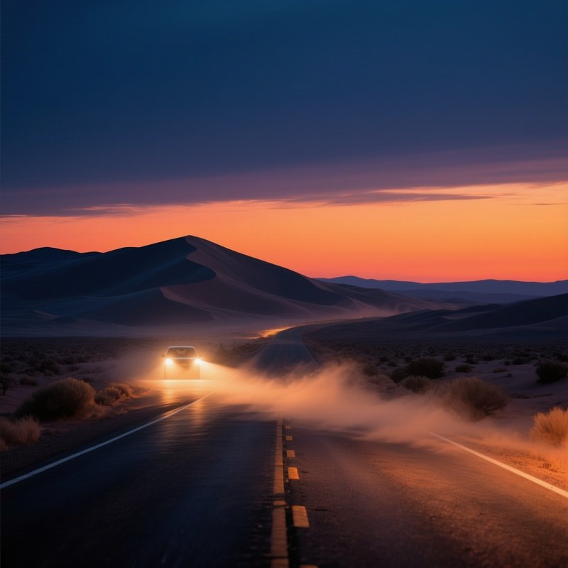 A Quiet Desert Road At Dusk, The Sky A Gradient Of Deep Indigo To Burnt Orange, Headlights Cutting