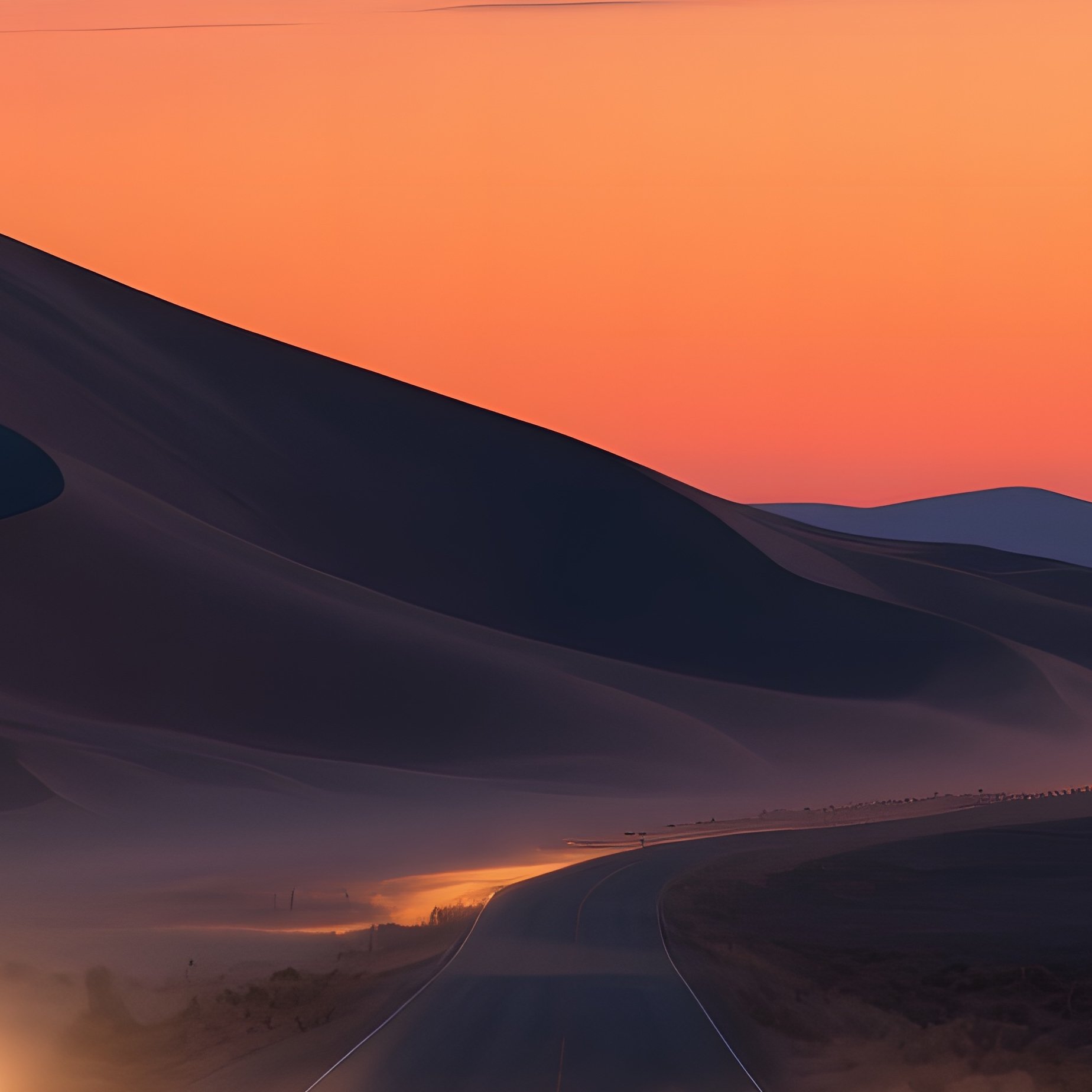 A Quiet Desert Road At Dusk, The Sky A Gradient Of Deep Indigo To Burnt Orange, Headlights Cutting - Full Resolution Quality Preview
