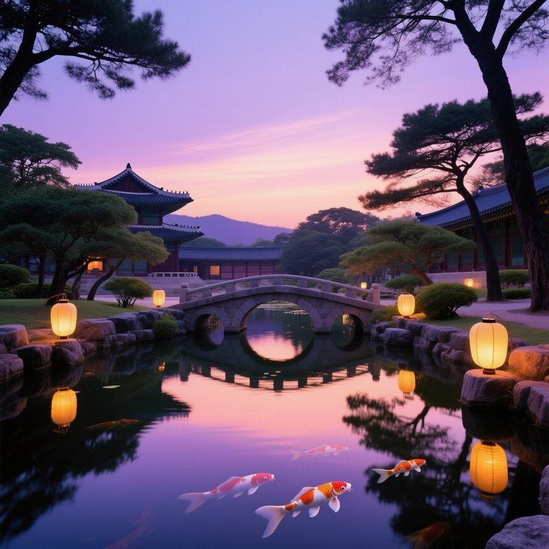 A Quiet Dusk At A Korean Royal Palace Garden Stone Bridges Illuminated By Lanterns Koi Pond
