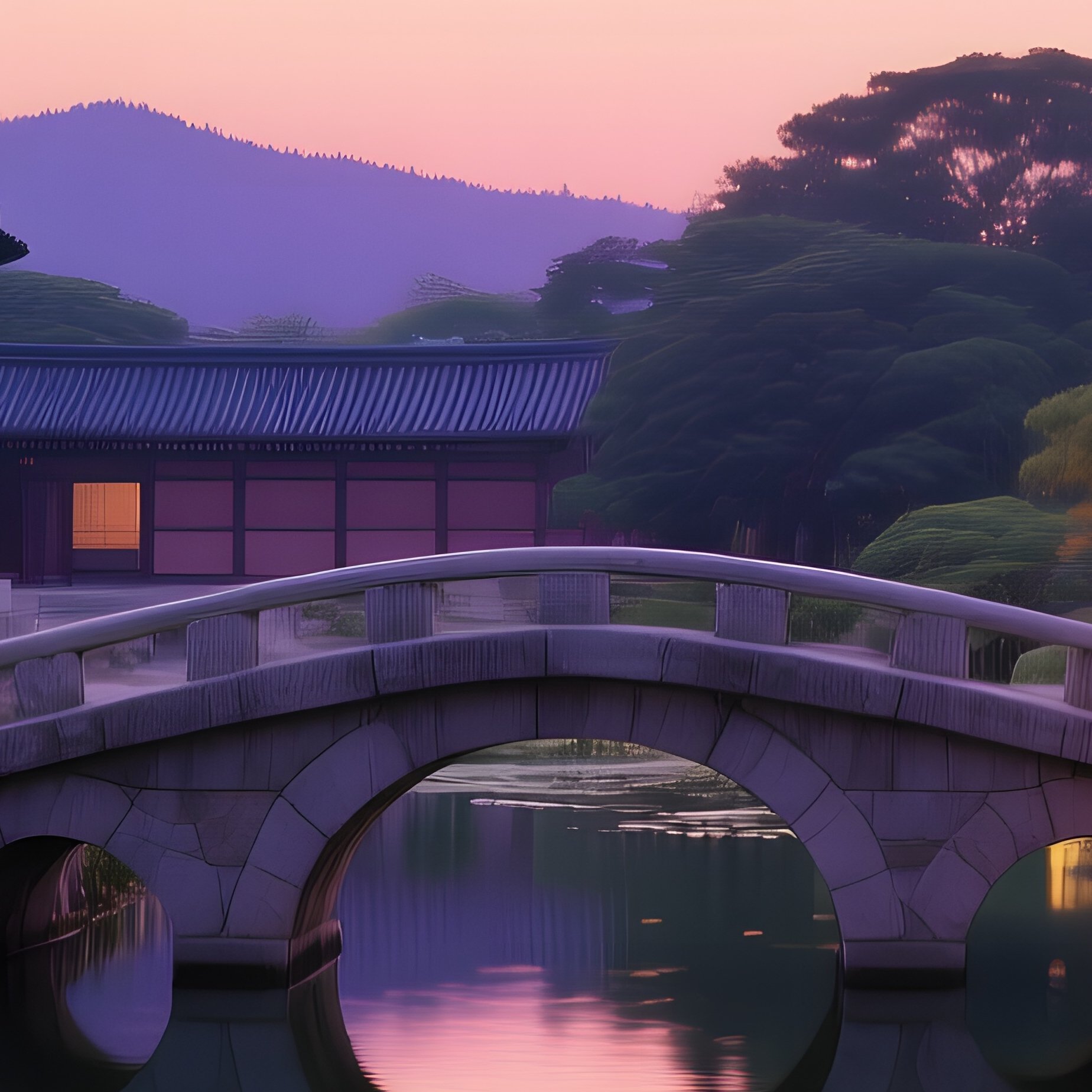 A Quiet Dusk At A Korean Royal Palace Garden Stone Bridges Illuminated By Lanterns Koi Pond - Full Resolution Quality Preview