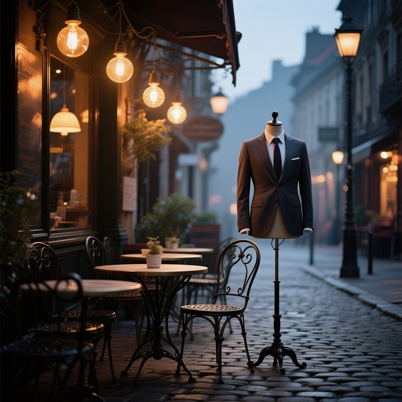 A Quiet Early‑Evening Street Café With Wrought Iron Tables, Soft Amber Lighting From Hanging Bulbs,