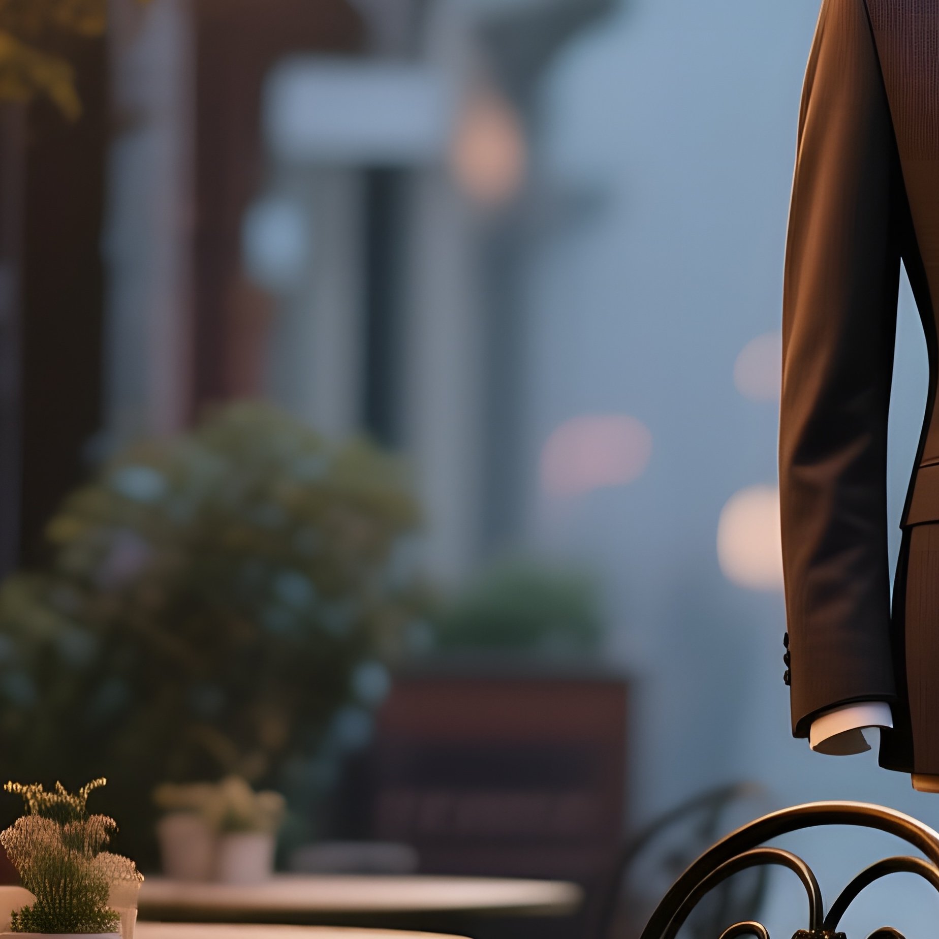 A Quiet Early‑Evening Street Café With Wrought Iron Tables, Soft Amber Lighting From Hanging Bulbs, - Full Resolution Quality Preview