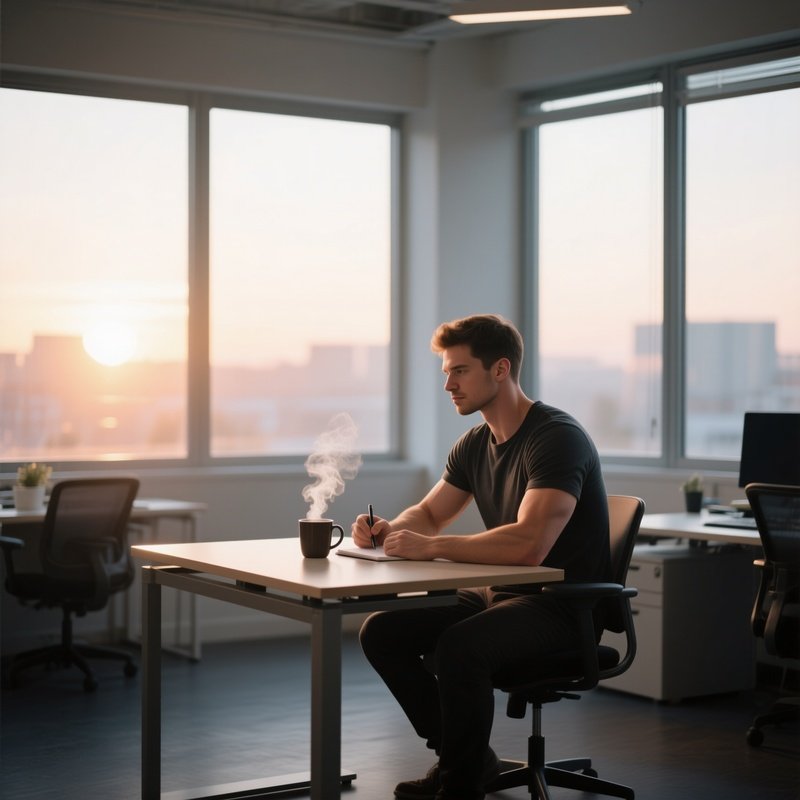 A Quiet Early‑Morning Coworking Nook With Large Windows, A Toned Male Writer Seated At A Standing