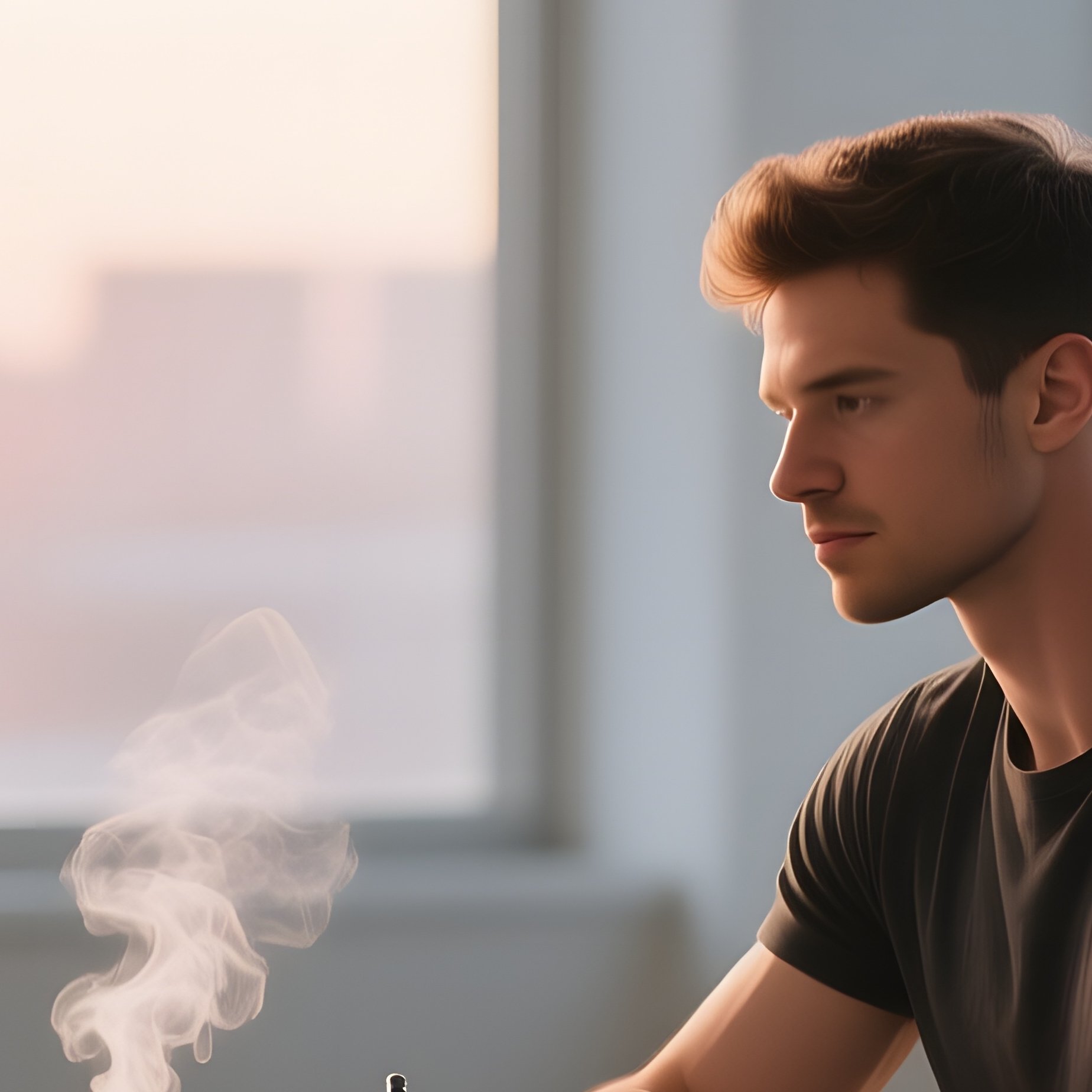 A Quiet Early‑Morning Coworking Nook With Large Windows, A Toned Male Writer Seated At A Standing - Full Resolution Quality Preview