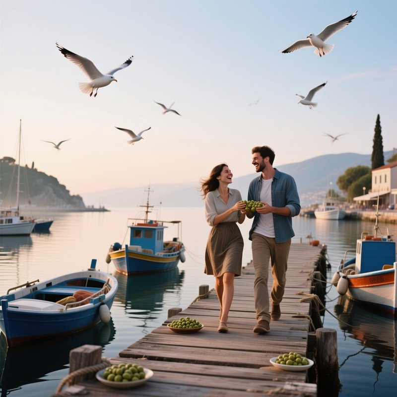A Quiet Early‑Morning Harbor In Greece, Fishing Boats Bobbing, A Couple Walks Along Wooden Piers