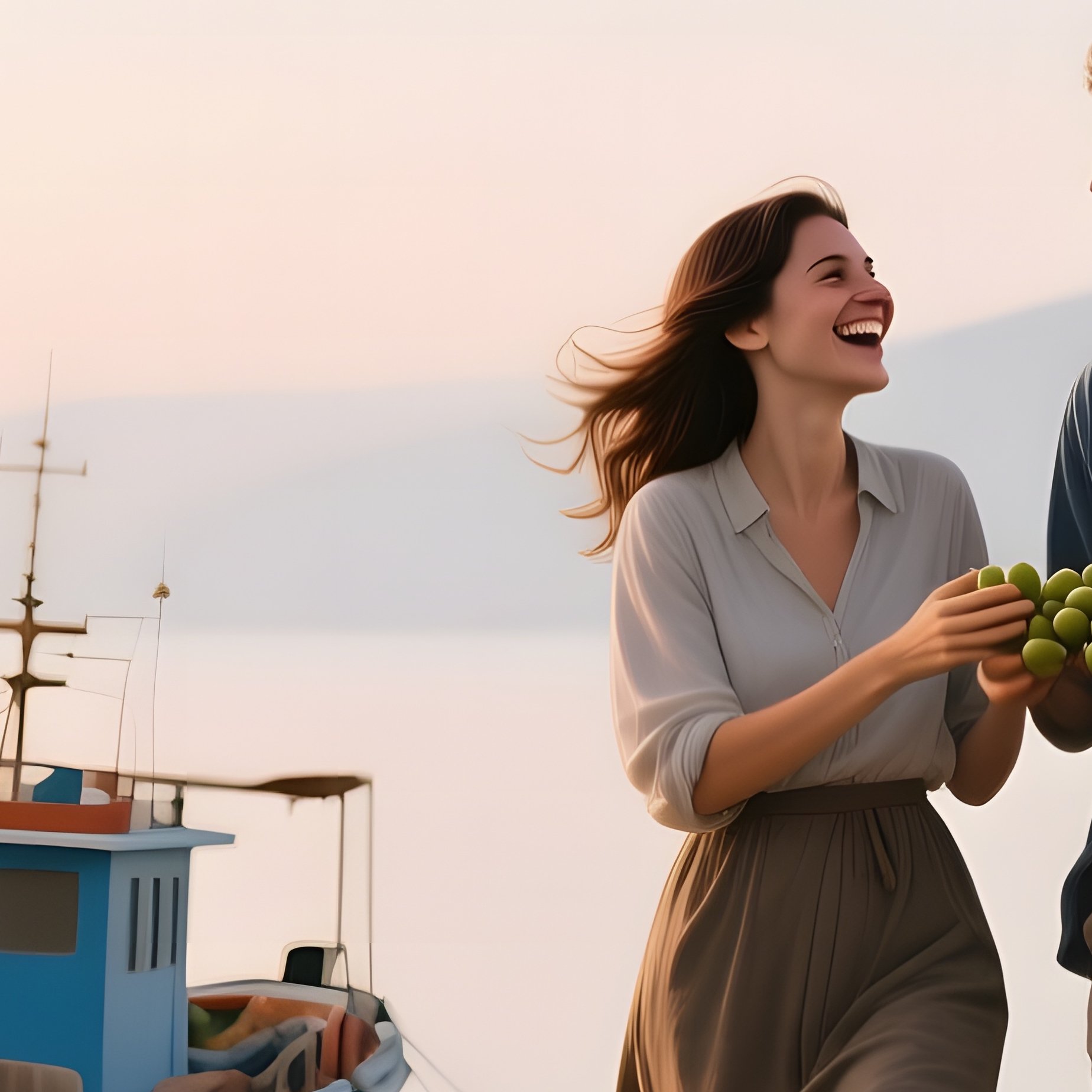 A Quiet Early‑Morning Harbor In Greece, Fishing Boats Bobbing, A Couple Walks Along Wooden Piers - Full Resolution Quality Preview