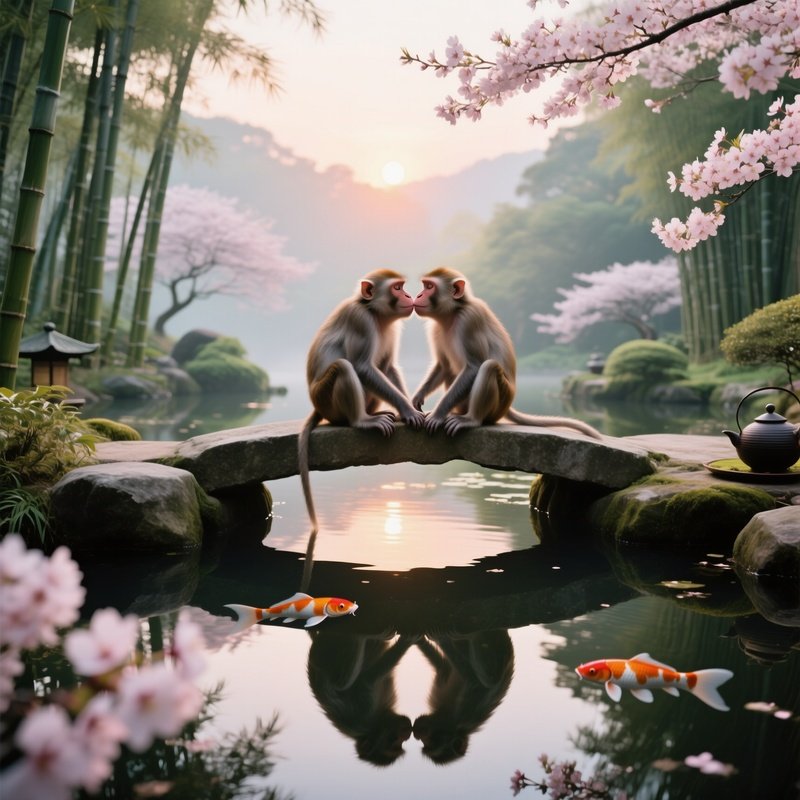 A Quiet Early Morning In A Bamboo Tea Garden, Two Rhesus Macaques Sit On A Low Stone Bridge Over A