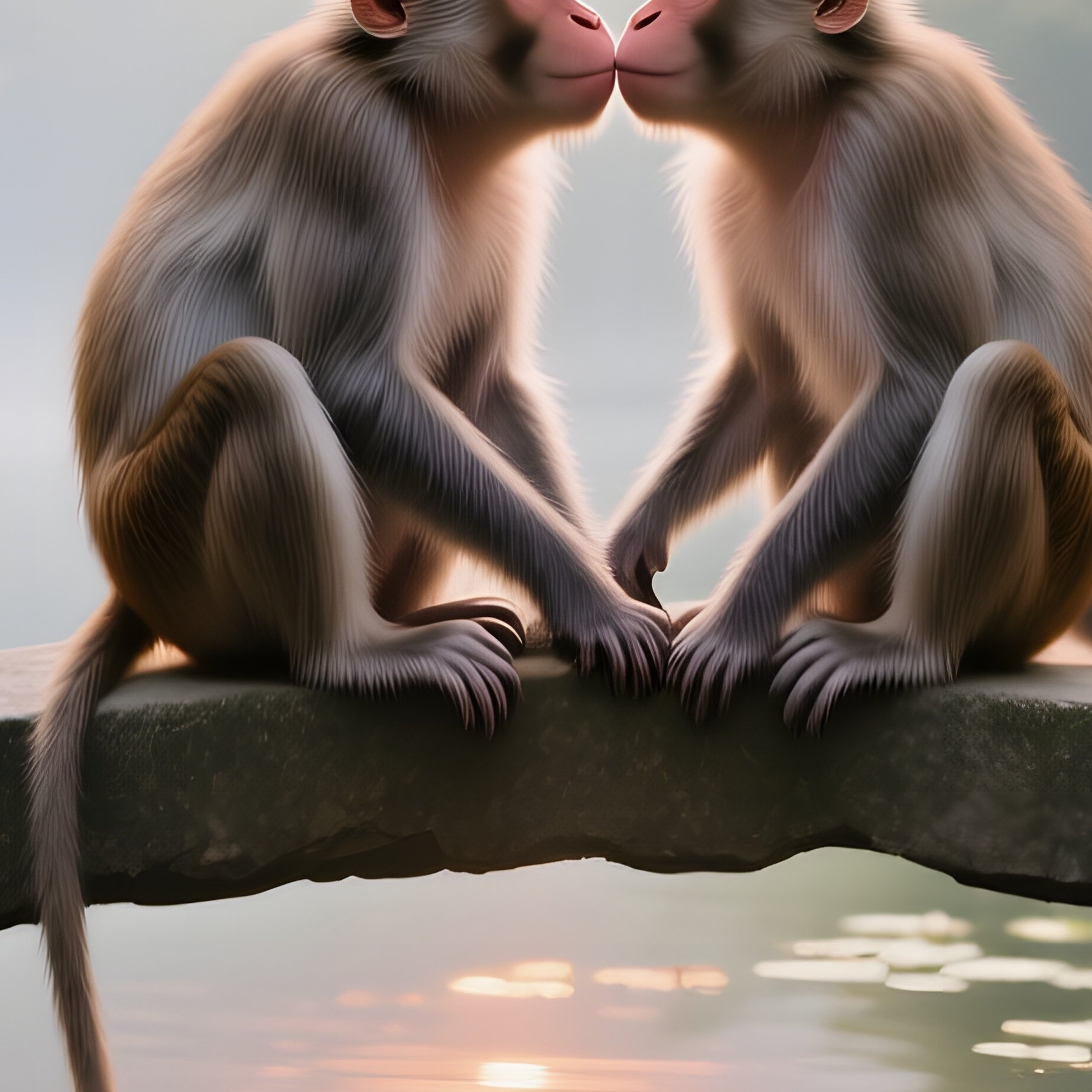 A Quiet Early Morning In A Bamboo Tea Garden, Two Rhesus Macaques Sit On A Low Stone Bridge Over A - Full Resolution Quality Preview