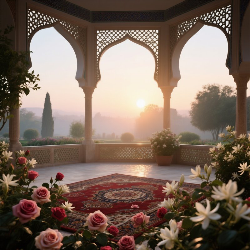 A Quiet Early‑Morning Scene Inside A Persian Garden Pavilion, Sunrise Spilling Through Latticework