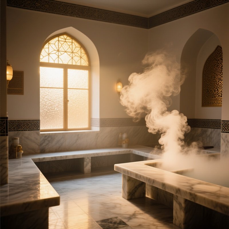 A Quiet Early‑Morning Scene Inside A Traditional Turkish Bathhouse, Steam Curling Above Marble