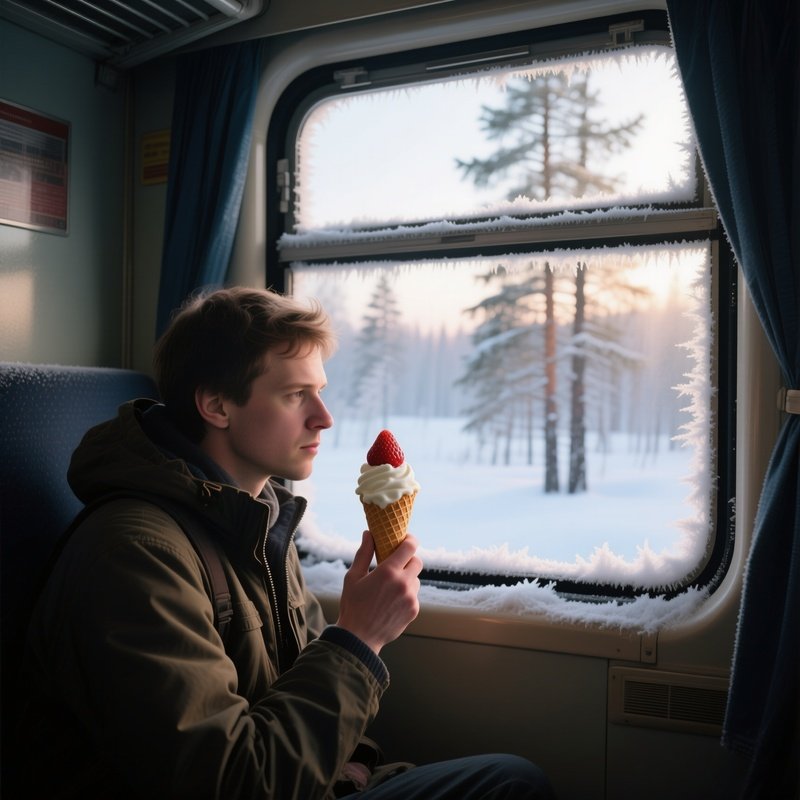 A Quiet Early Morning Train Compartment Traveling Through Siberian Taiga, A Solitary Traveler Holds