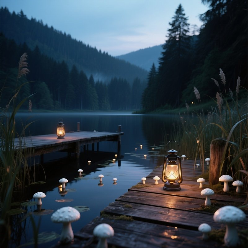 A Quiet Evening By A Wooden Dock On A Lake Near The Black Forest, Lanterns Floating, Surrounding