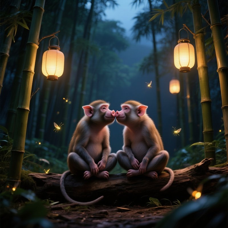 A Quiet Evening In A Bamboo Forest Clearing, Two Pig Tailed Macaques Sit Cross‑Legged On A Fallen