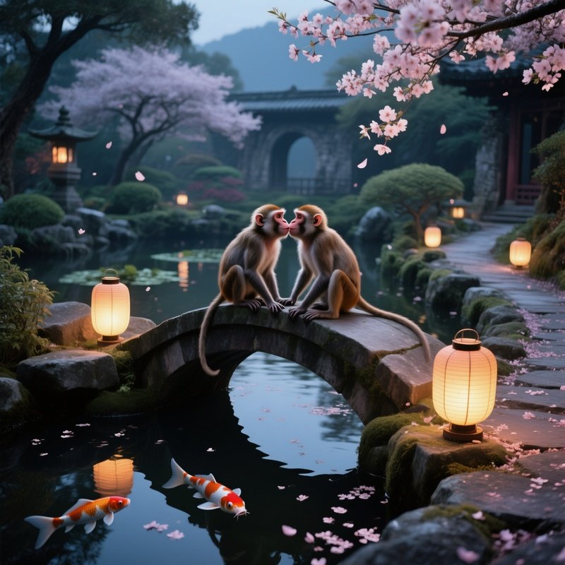 A Quiet Evening In An Ancient Stone Garden With Koi Ponds, Two Rhesus Macaques Perch On A Curved