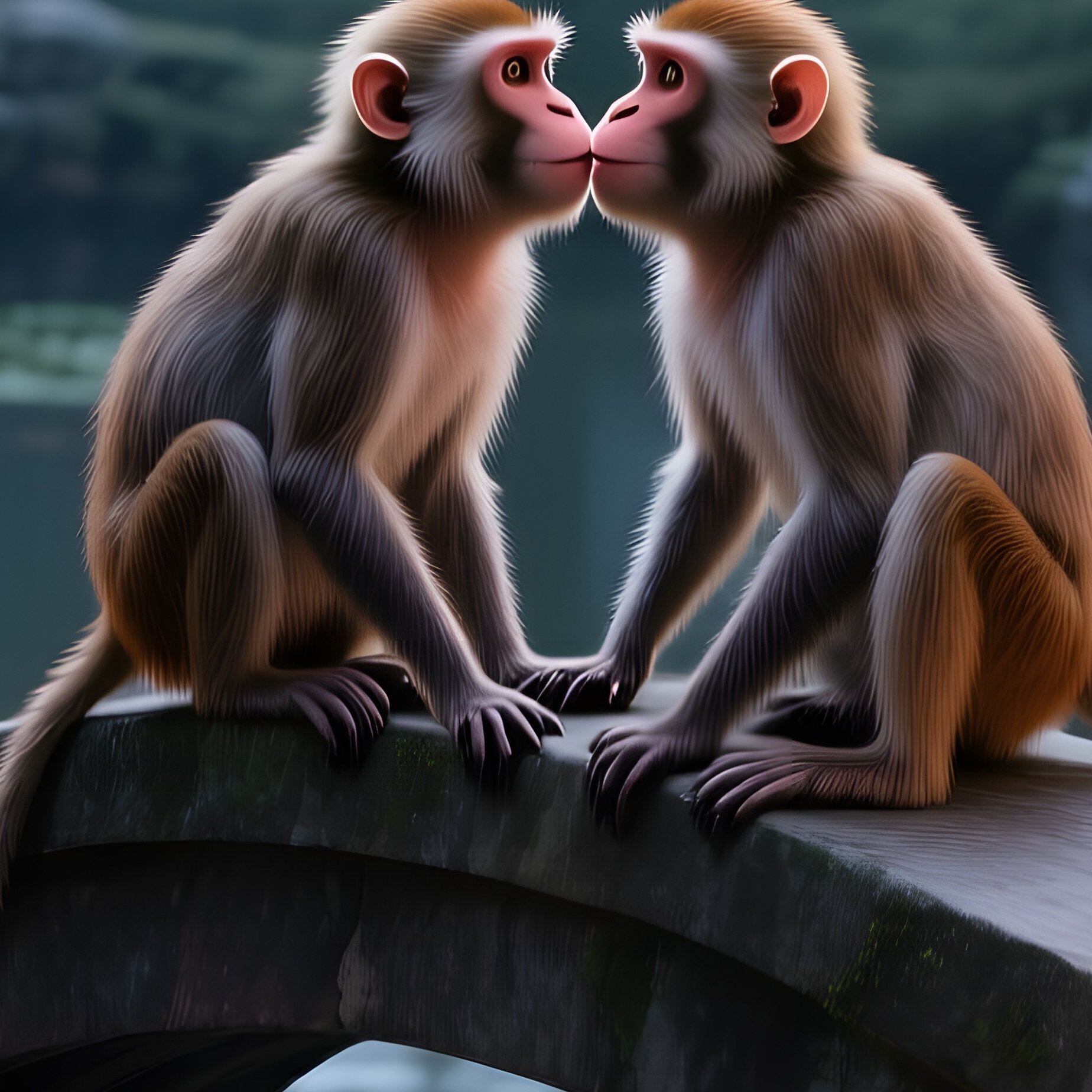 A Quiet Evening In An Ancient Stone Garden With Koi Ponds, Two Rhesus Macaques Perch On A Curved - Full Resolution Quality Preview