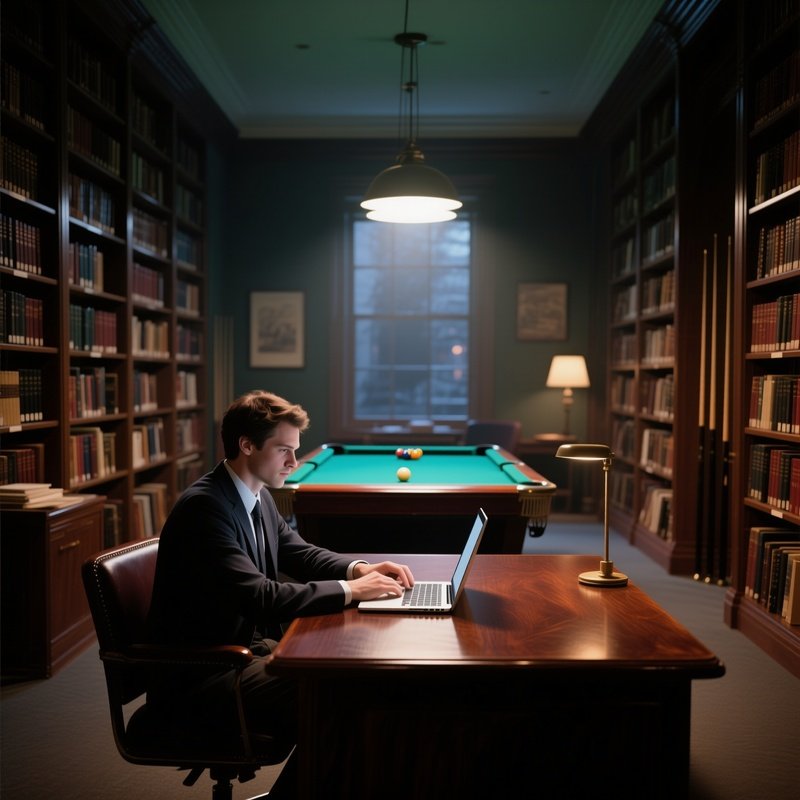 A Quiet Evening Library Turned Study Space, Tall Bookshelves Lining Walls, A Six‑Pack Scholar
