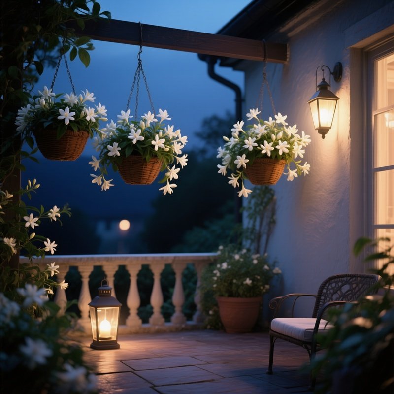 A Quiet Evening Patio Adorned With Hanging Baskets Of Jasmine, Fragrant White Flowers Releasing