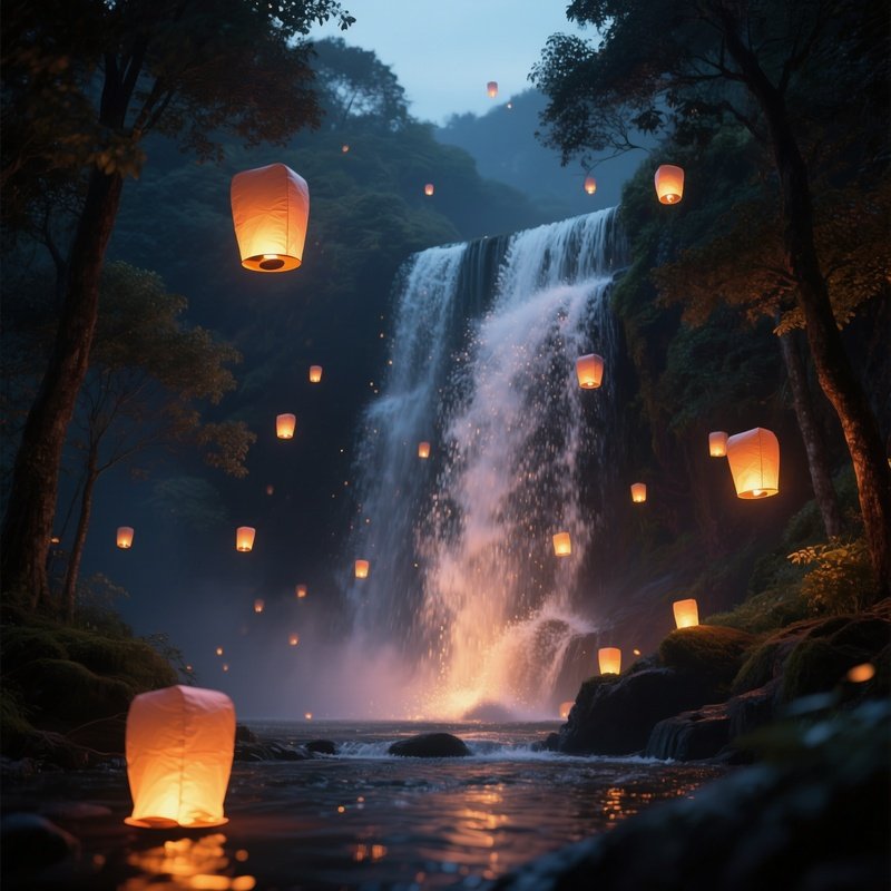 A Quiet Evening Scene Of A Waterfall Illuminated By Floating Lanterns, Their Warm Light Dancing On