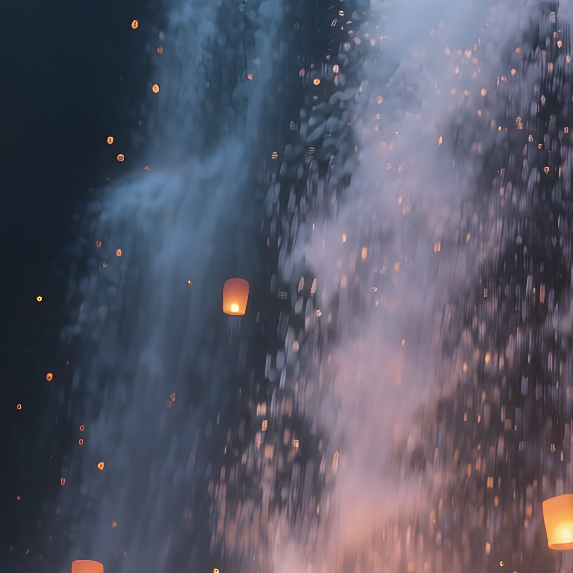 A Quiet Evening Scene Of A Waterfall Illuminated By Floating Lanterns, Their Warm Light Dancing On - Full Resolution Quality Preview