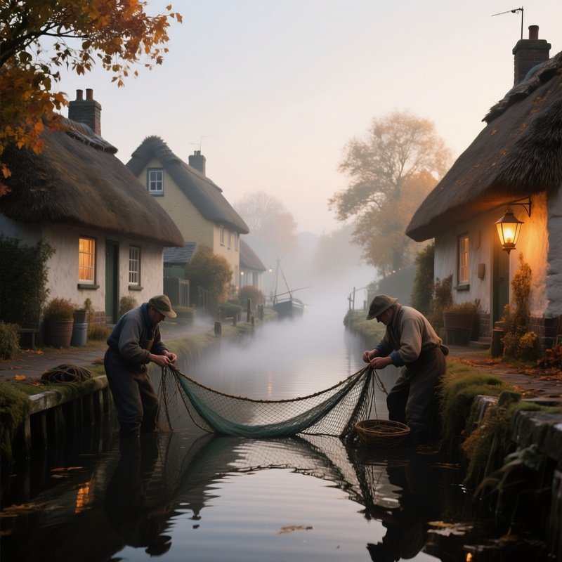 A Quiet Fishing Village In Early Autumn, Thatched Cottages Lining A Narrow Canal, Mist Rising From